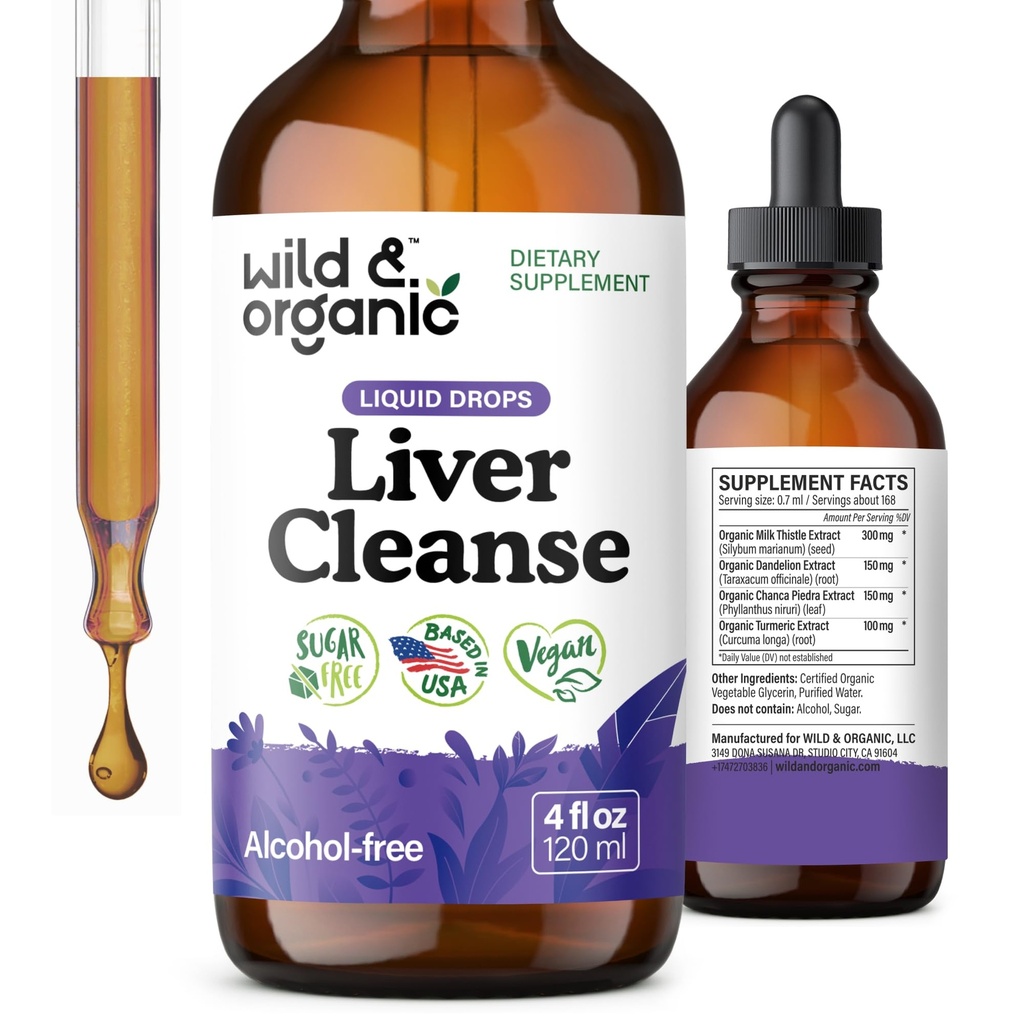 Wild & Organic Liver Cleanse Detox Tincture - Milk Thistle, Voikukka juuri kasviperäisten Complex - Liquid Liver Support Supplement - Vegaani, sokeri & alkoholiton maito Thistle Drops - 4 fl oz