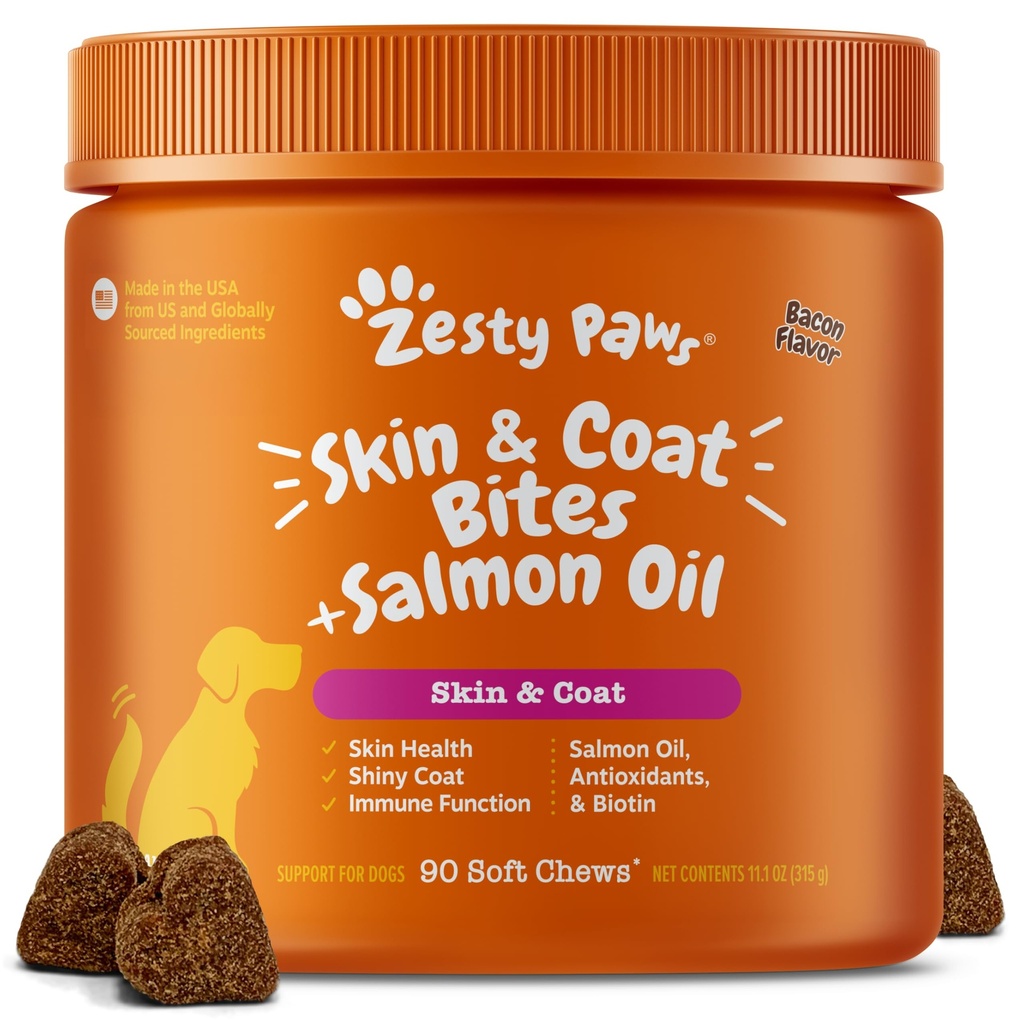Zesty Paws Omega 3 fiskolja för hundar - Zesty Paw Dog Vitaminer och tillägg för Hip, Joint & Skin, Bacon (90 Chews)