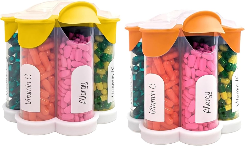 Erittäin suuri pilleri Järjestäjä Päivittäinen, Viikoittain, Kuukausittainen täydennysosa Pullo, Söpö kukkia pilleri Jakaja 7 XL Osastot (2 Pack Combo) (Orange ja Yellow)