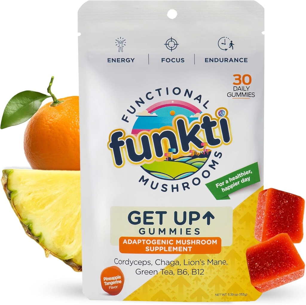Fokus Mushroom Gummies för vuxna, Mushrooms Supplement med Cordyceps, Lion's Mane, Chaga, B6, B12, Green Tea - Få upp Gummies, en per dag - Max Styrka