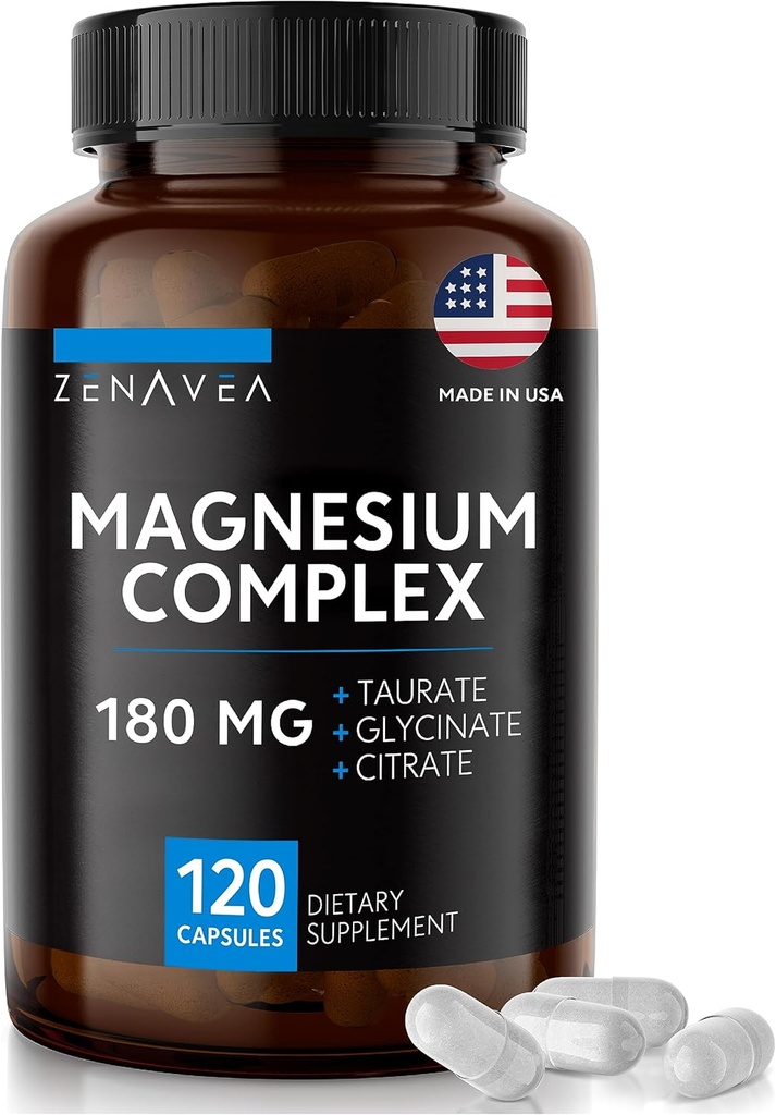 Triple Magnesium Complex Supplement (120 Vegan Capsules) - 180mg Magnesium Glycinate Taurate och Citrate - Calm Magnesium Komplex Supplements