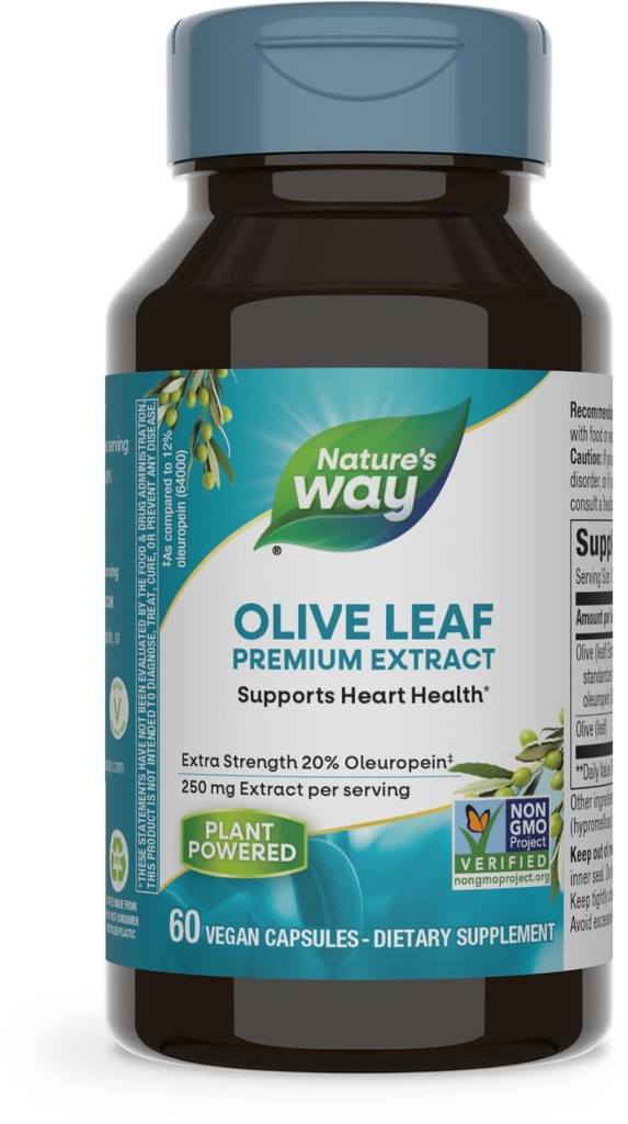 Nature's Way Olive Leaf, Premium Extract, tukee Heart Health*, 20% Oleuropein, 250 mg per annos, ei-GMO-projekti todennettu, 60 vegaaninen kapselit (Pakkaus toukokuussa Vary)