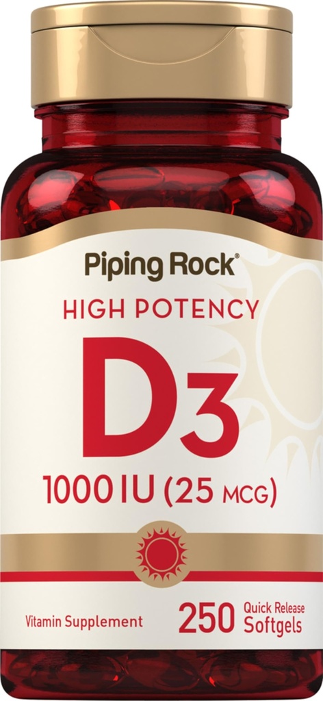 Piping Rock -vitamiini D3 1000IU ... Korkea teho (25 mikrog) ... 250 Softgels...