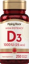 Piping Rock -vitamiini D3 1000IU ... Korkea teho (25 mikrog) ... 250 Softgels...