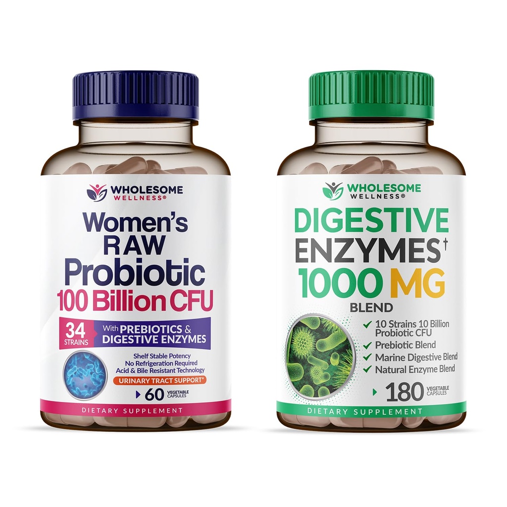 Wholesome Wellness Dr Formulerad Raw Probiotics för kvinnor 100 miljarder CFUs + Digestive Enzymes 1000MG Plus Prebiotics & Probiotika Supplement Bundle