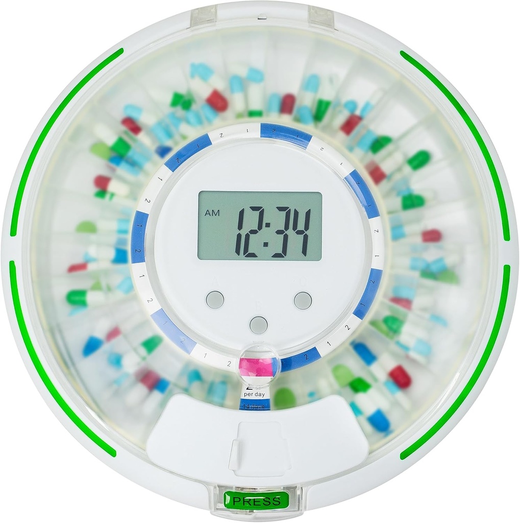 Automatisk Pill Dispenser, Lås 28-dagars Medicinering Organizer, Upp till 6 Doser per dag, 6 Doseringsmallar, Ljud & Ljus Varningar & Nyckel för Vitaminer, Kosttillskott (Frosted Lid)