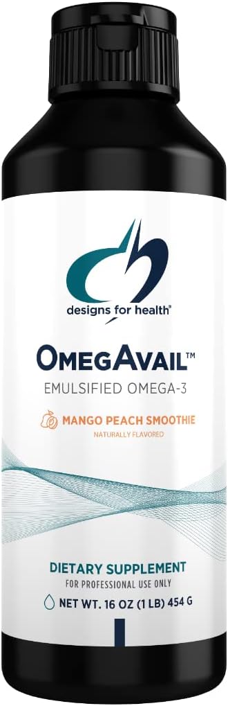 Designs for Health OmegAvail Smoothie - Omega 3 TG Triglyseride Fish Oil Emulsion DHA + EPA - Liquid Supplement for Cardiovascular + Brain Support, Mango Peach Flavor (43 Servings / 16oz)
