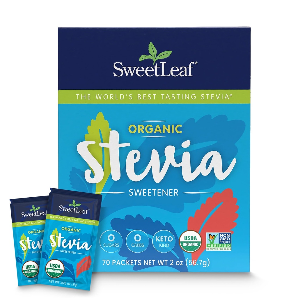 SweetLeaf Organic Stevia Powder Packets - Zero Calorie Makeutusaine Stevia Leaf Extract, Ei keinotekoista Makeutusaine Additive, Sokeriton, Keto Friendly, Ei GMO, Gluteeniton - 70 Packets (Pack of 1)