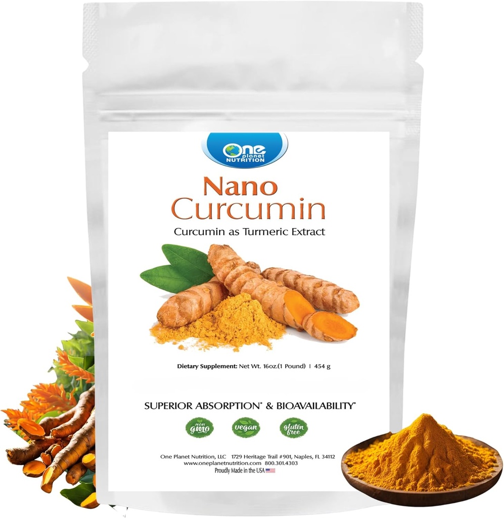 One Planet Nutrition Nano Curcumin Powder 16 oz (454 tarjoilua), Pure Turmeric Extract, Maksimi-imukyky parantaa Curcumin Edut, Ei-GMO, Vegan, Gluteenittomat.