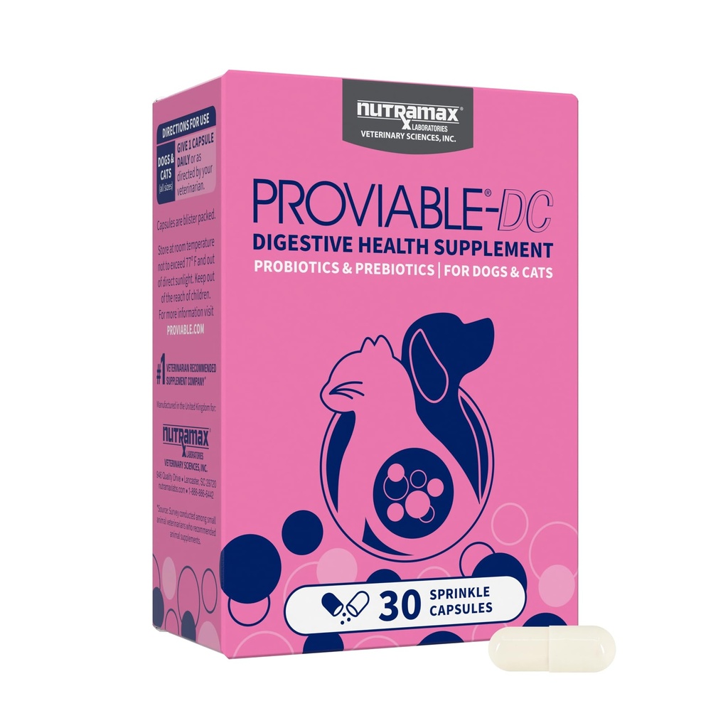 Nutramax Proviable Probiootit koirille ja kissoille, Päivittäinen Ruoansulatusterveys täydentää useita kantoja Bakteerien, Kissa ja koira Probiootit Plus Prebiootit, 30 kapselia