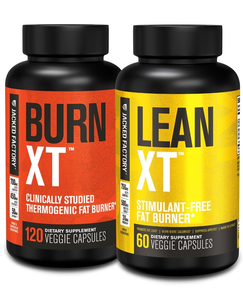 Jacked Factory Burn-XT Kliinisesti tutkittu rasvanpolttaja & painon menetys täydentää - ruokahalua Suppresent & energia Booster (120 kapselia) & Lean-XT kofeiinivapaa rasvanpolttaja (60 kapselia)