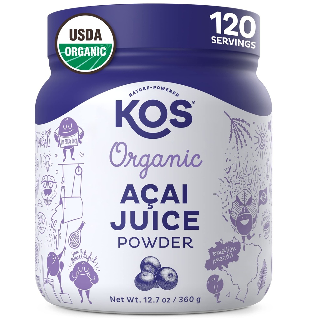 KOS Organic Acai Juice Powder - USDA Certified Organic, Plant Based Superfood Antioxidants, Superberry Brasiliasta, Great for Smoothies and Bowls, 0g Sugar, Vegan, Gluteeniton, ei-GMO - 120 tarjoilut