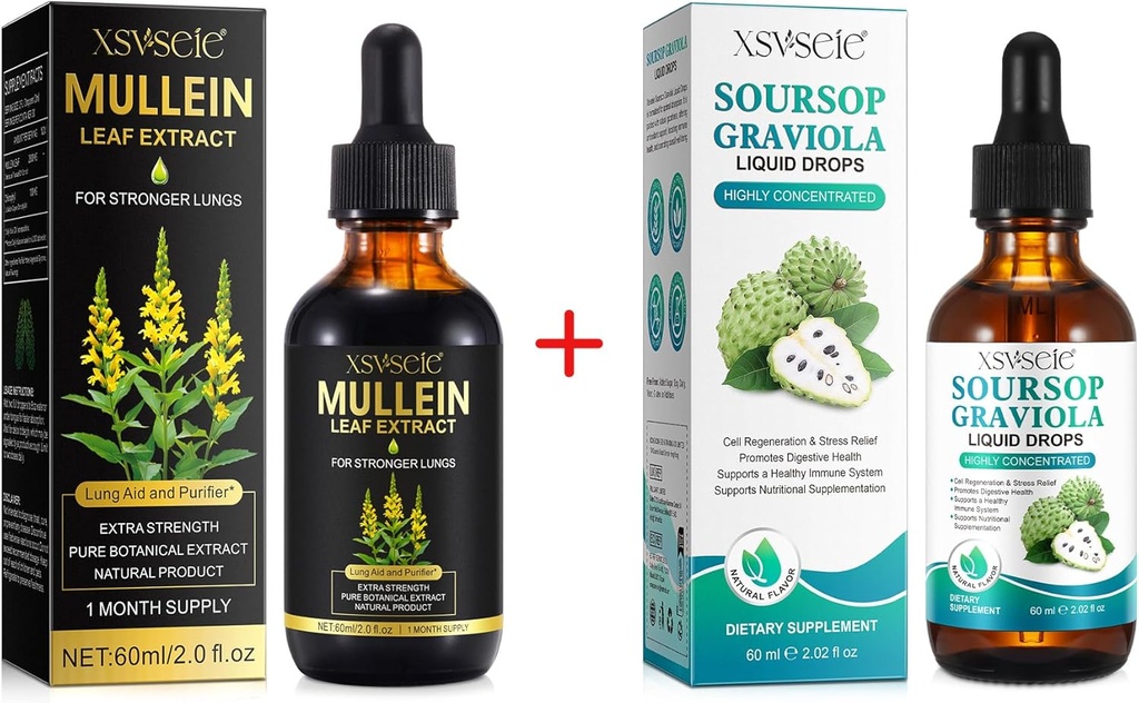 Mullein Drops for Lungs Cleans and Soursop Bitters Liquid, Mullein Leaf Extract Tincture with klorofylli,Soursop Multivitamiini Drops, Natural Herbal Supplement for Miehet ja naiset