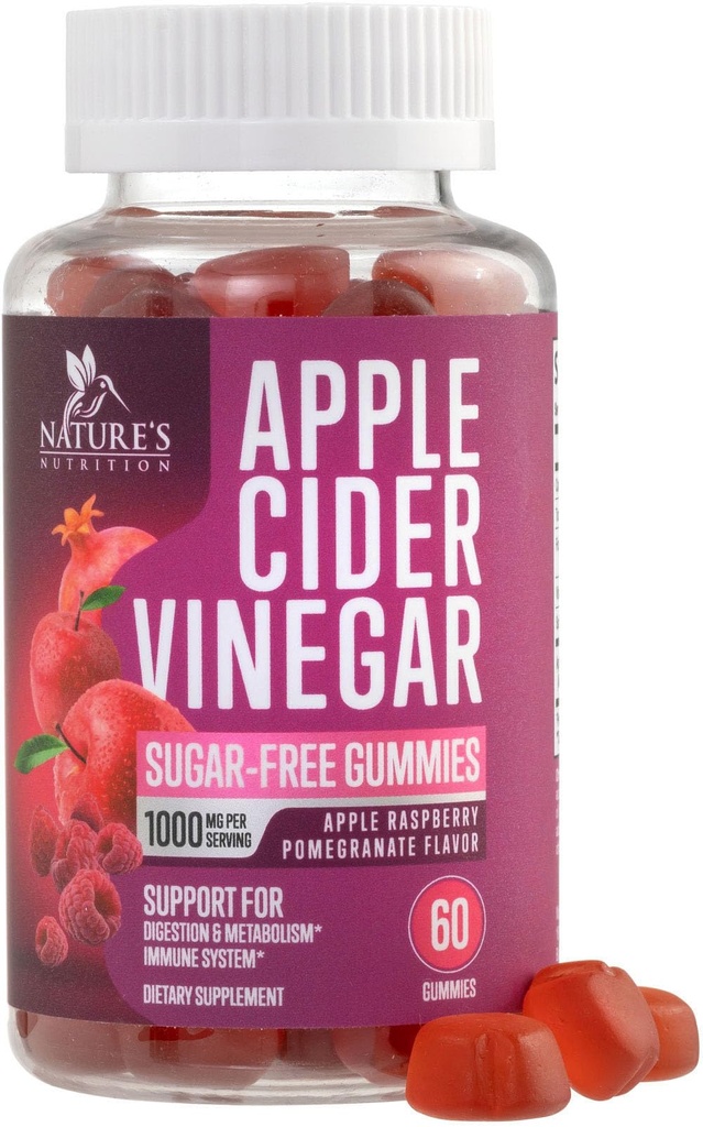 Apple Cider Vinegar Gummies 1000mg per portion - Sugar Free Max Strength ACV Gummy Vitamins Supplement, Advanced Formel, Vitamin B12 stöder Metabolism & Energy, Keto Friendly, Vegan, 60 Gummies