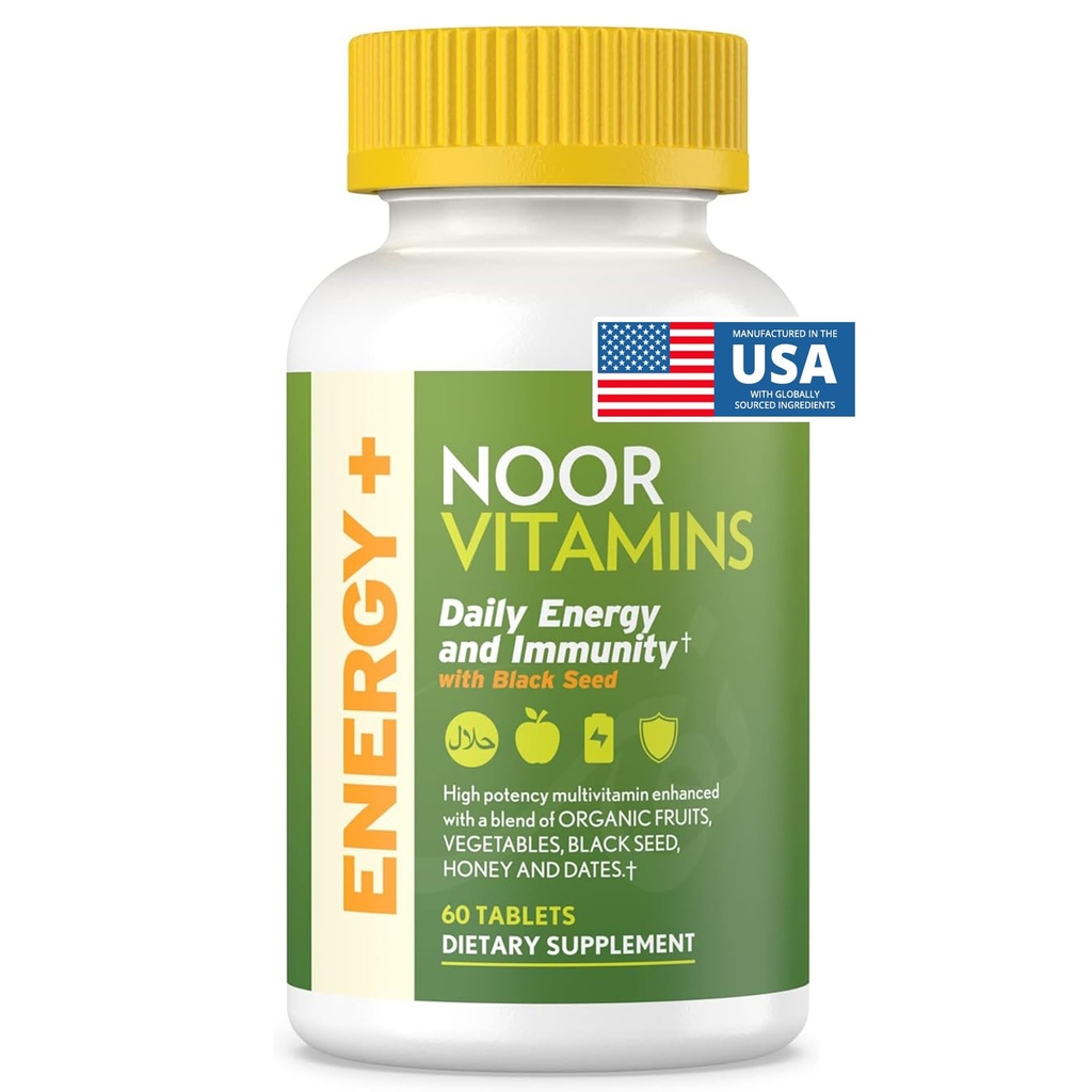 Noor-vitamiinit Energy+ Monivitamiini; Halal-vitamiini energiantuotantoon ja immuniteetteihin, 26 vitamiinit ja mineraalit, musta siemen, päivämäärät, hunaja, miehille ja naisille. Liivate vapaa, 2 kuukauden tarjonta