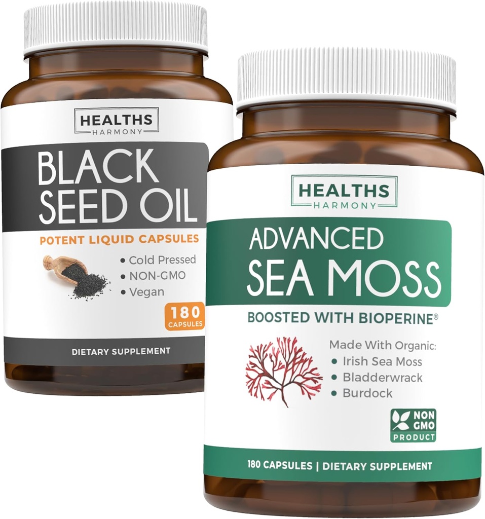Black Seed Oil & Irish Sea Moss (3-kuukautinen toimitus) - Power Duo Bundle Black Seed Oil (180 kapselia) Kylmäpaineinen Nigella Sativa & Irish Sea Moss (180 kapselia) Bioperine ja Bladderwrack
