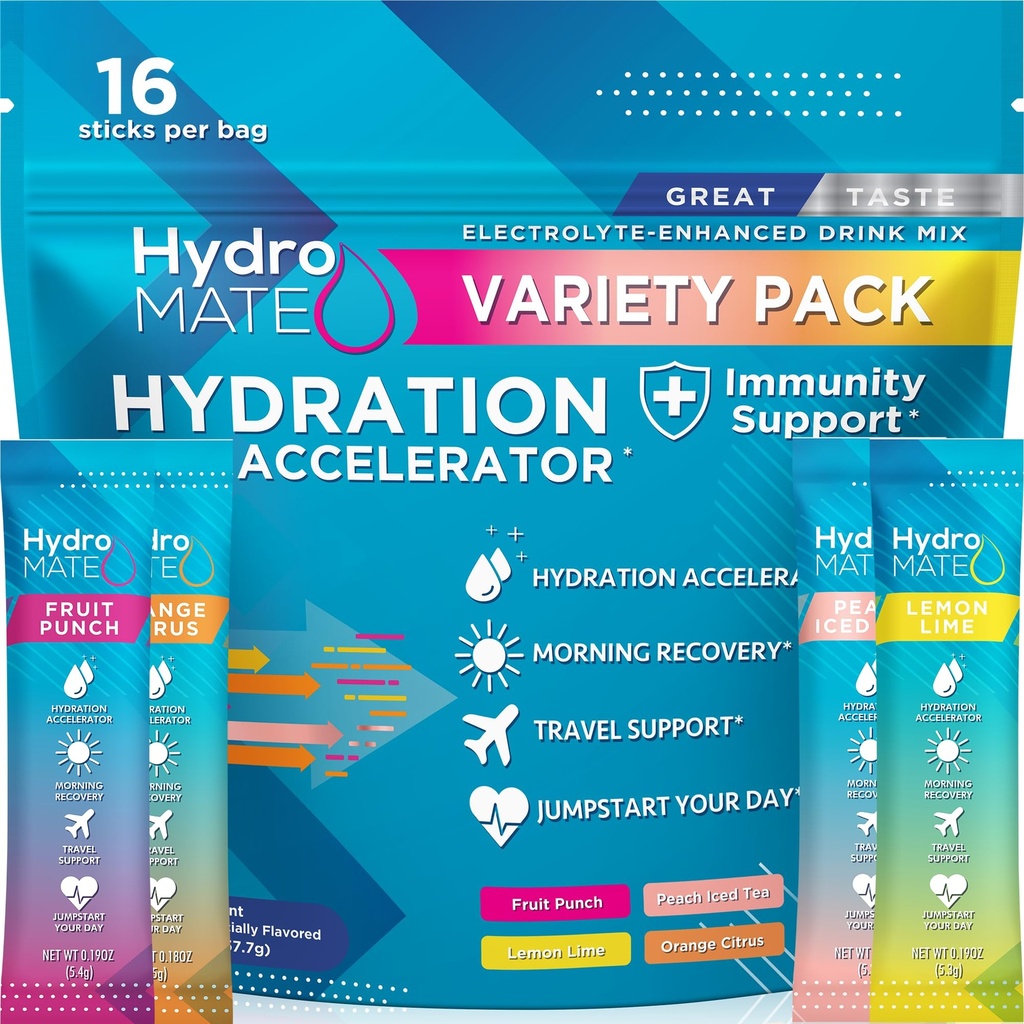 HydroMATE Elektrolyyttijauhe Lajike Pakkaus Kosteus Paketit Matalasokeripitoisuus 16