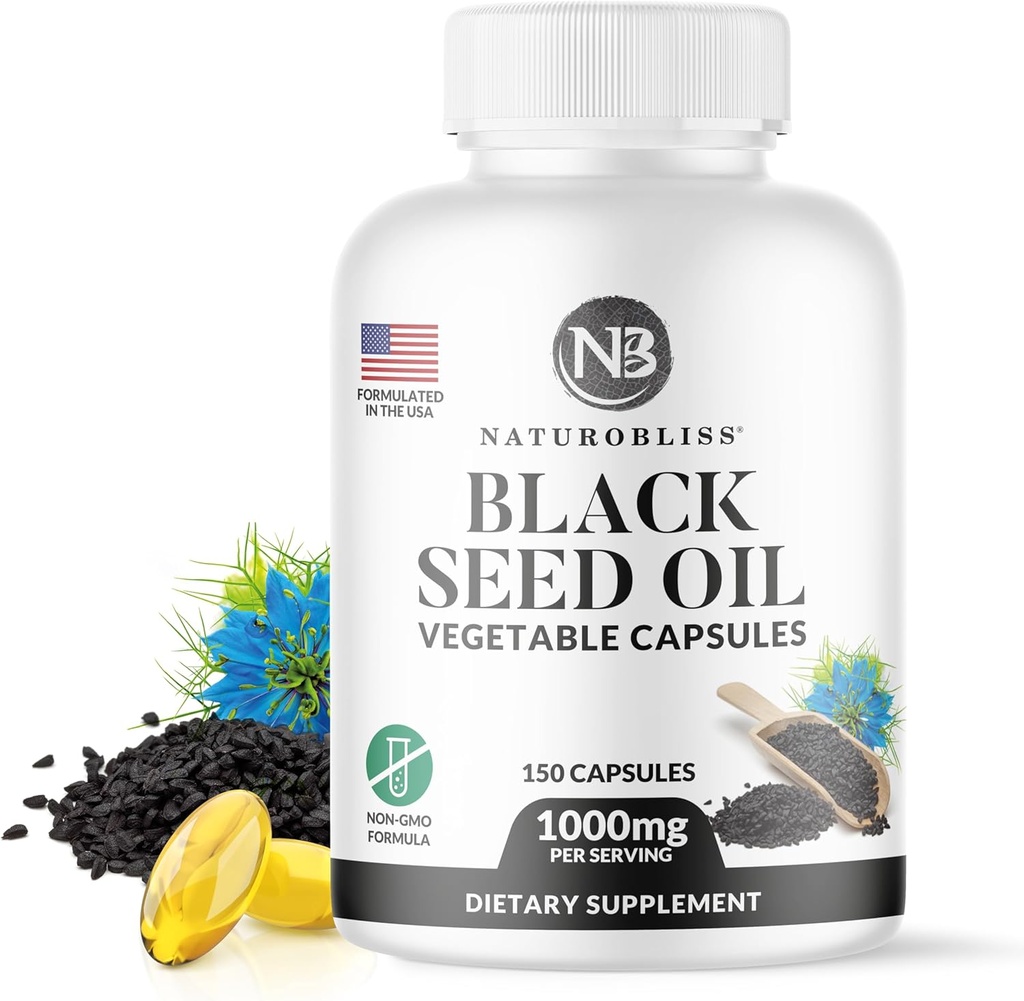 NaturoBliss Musta siemenöljy - 150 Softgel kapselit ihon terveys (ei-GMO & Vegan) Premium kylmäpaineinen Nigella Sativa tuottaa puhdasta mustaa Cumin siemenöljyä - 1000 mg per 2 kapseli tarjoilu - 75 tarjoilua