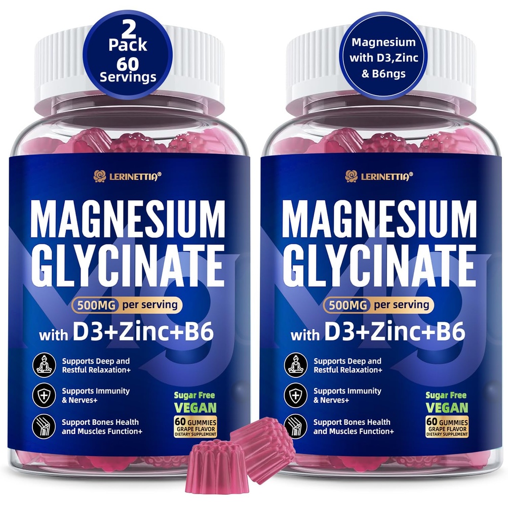 Magnesium Glycinate 500mg/250mg för vuxna tonåringar - Plus D3,B6 & Zink - Magnesium Glycinate Gummies, Hög Absorption - Stöd för avkoppling, Brain, Ben & immunitet Hälsa - Sugar Gratis - 120Cts