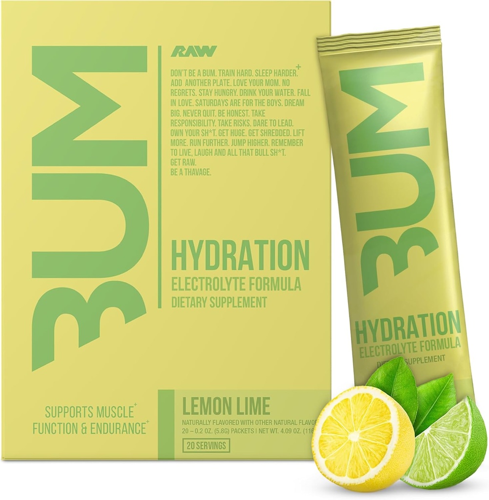 RAW Electrolytes Powder Hydration Drink Mix Packets, Bum Hydrate (Sitruunalimetti, 20 tarjoilua) - Elektrolyytti Hydration Packets tukee lihasten toiminta & Endurance - Keto vapaa Elektrolyyttejä jauhepaketteja