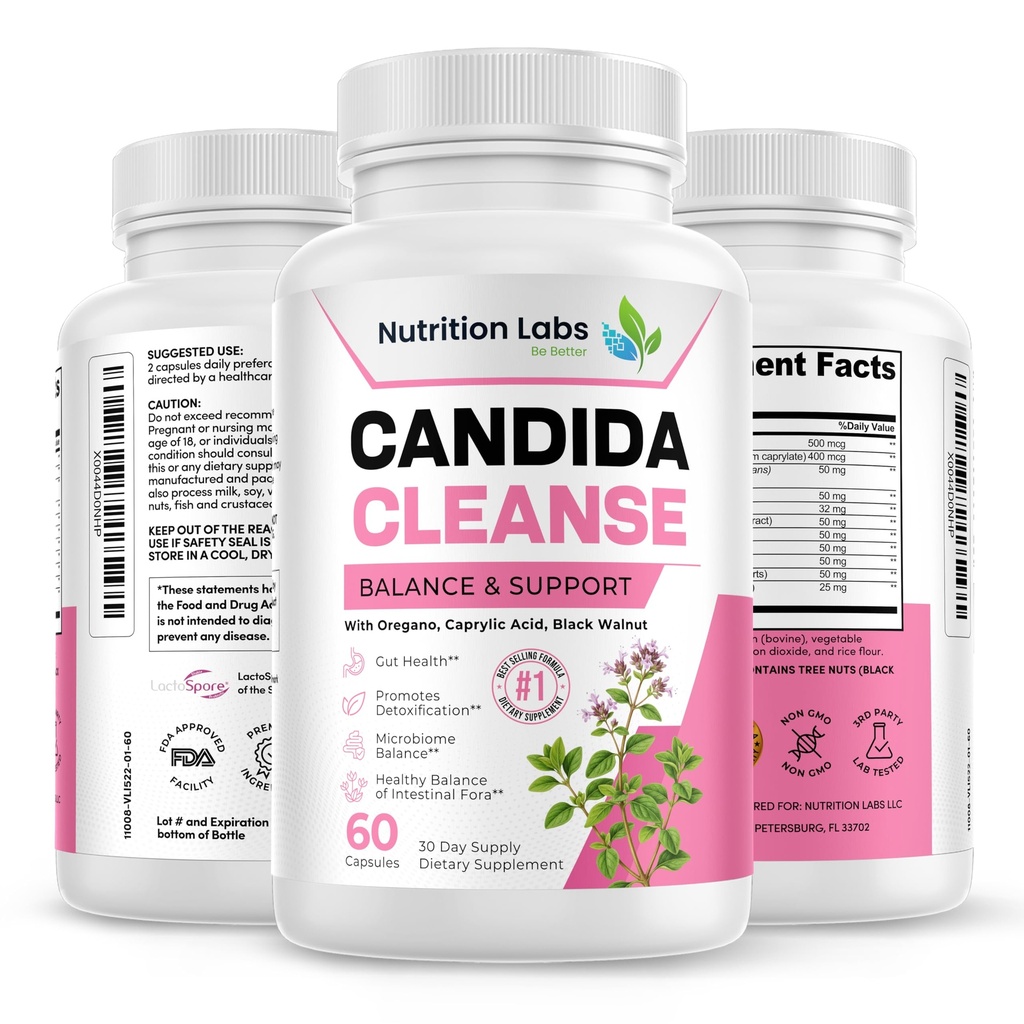Candida Cleanse Supplement for Balance & Support, Candidase Detox, Women & Men. Gut Health & Flora, pH Level, Intestinal Health. Lactospore® Probiotics. Anti Yeast Overgrowth W / Oregano, Caprylic Acid