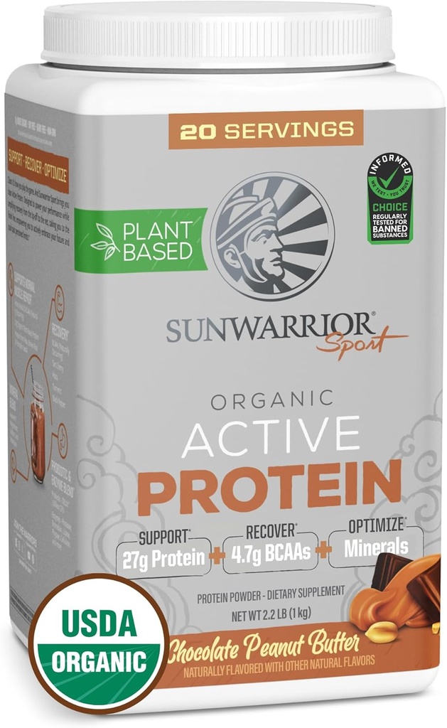 Sunwarrior Organic Plant Based Protein Powder | Vegan Organic Protein Powder med BCAAs Plus Recovery Minerals & Botanicals | Non-GMO Soy Dairy & Gluten Free (Chocolate Peanut Butter, 20 portioner)