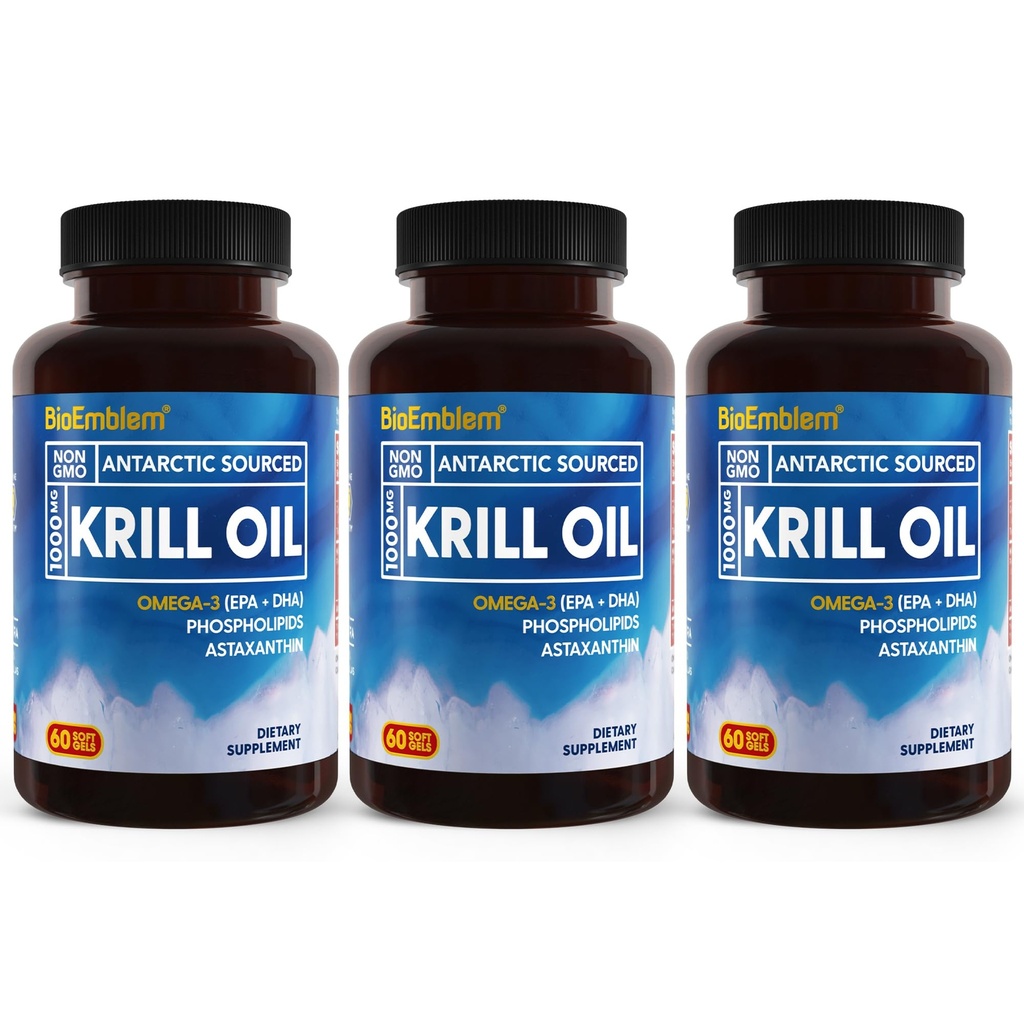BioEmblem 3 Pack Antarktis Krill Oil 1000mg Softgels, Omega-3s Oil korkea EPA + DHA, Astaksantiini, ja Fospholipids, Tukee aivojen terveys, 180 Count non-GMO, Gluteeniton, 90 päivän tarjonta
