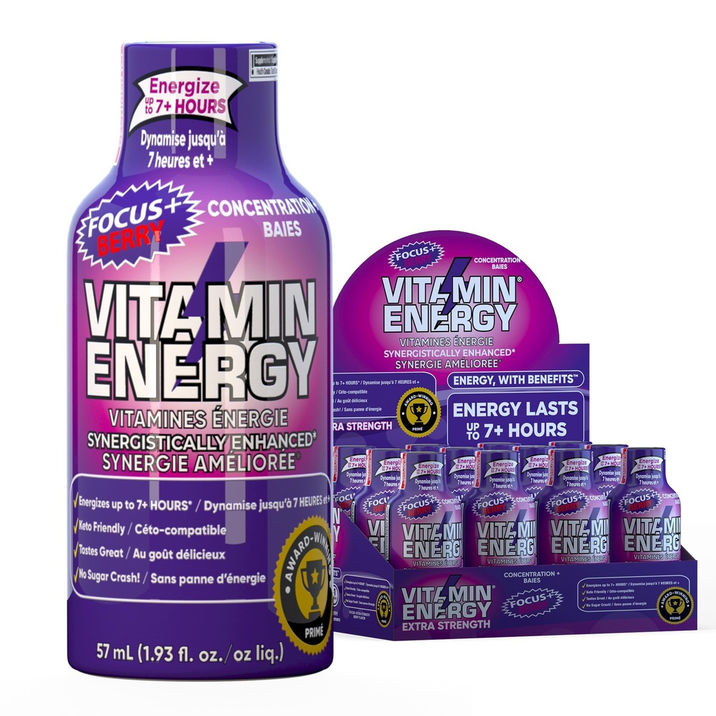 Vitamiini Energy Focus+ Extra Strength Energy Shot Berry 12 pakkaus, 260 mg luonnollinen kofeiini, B-vitamiinit, CoQ10, Aminohapot, tarkennus, tuottavuus ja selkeys, nollasokeri, gluteeniton, 1,93 fl oz