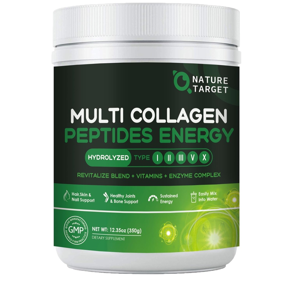 NATURAL TARGET Multi-Collagen-Peptides-Powder - Hydrolysed Collagen with Energy Blend + Multivitamiini & Minerals, Tukee energia ihon kynnet & nivelet, ei-GMO, 35 tarjoilut