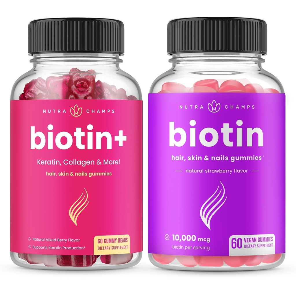 NutraChamps Biotin+ & Biotin. Den kompletta duon för hår, hud och naglar.
