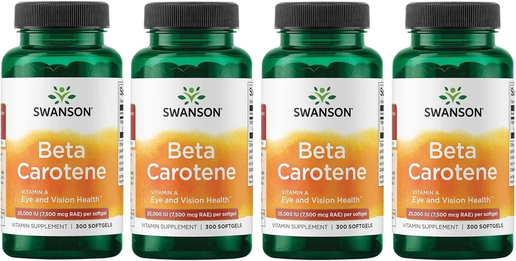 Swanson Beta-karoteeni A-vitamiini 25000 IU Softgels - ihon, silmien ja immuunijärjestelmän terveys - hapettumisenestoaineen tuki - 7500 mikrog (300 Softgels) (4 pakkaus)