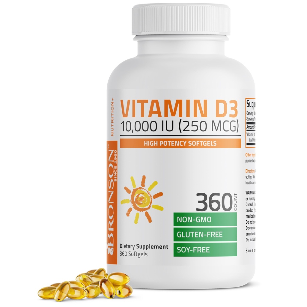 Bronson-vitamiini D3 10 000 IU (250 mikrog) High Potency - tukee tervettä immuunijärjestelmää, vahvoja luita, lihaksia ja hampaita - non GMO, 360 Softgels