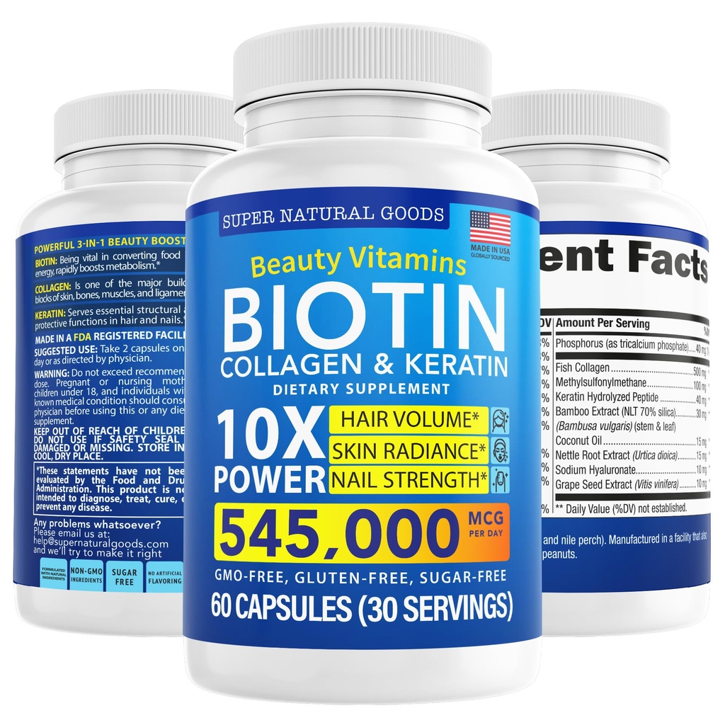 Biotiini ja kollageeni vitamiineja + Keratin kanssa Folate - Hiustenlähtö hoitoja naisille ja miehille - Follikle, iho ja kynnet täydentää hiusten kasvua & synnytyksen jälkeen tuki - GMO vapaa & gluteeniton (60 Caps)
