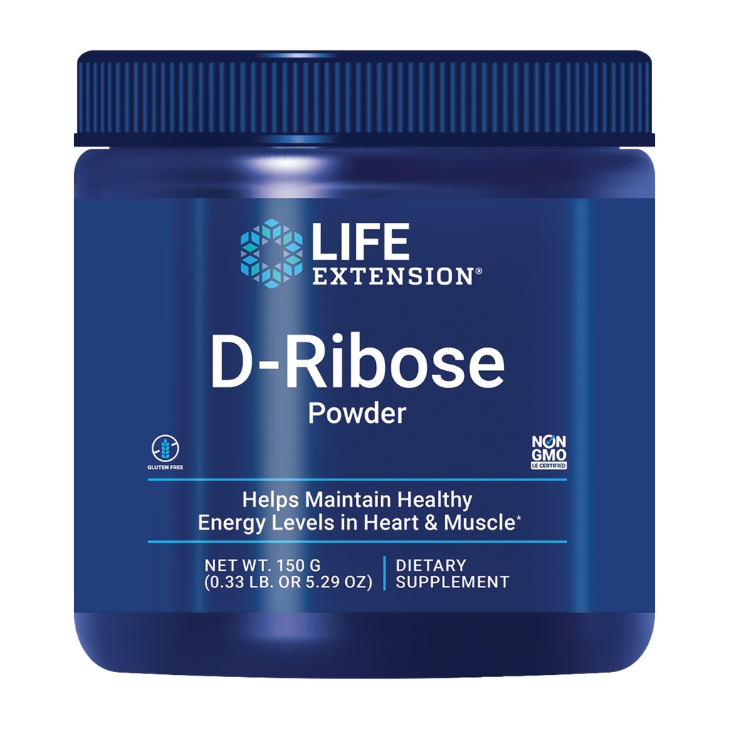 Life Extension D-Ribose Powder, liuotetaan nesteeseen stimuloimaan solujen energian tuotantoa ja tukemaan sydämen ja lihasten terveyttä, gluteeniton, ei-GMO, kasvissyöjä, 150 grammaa