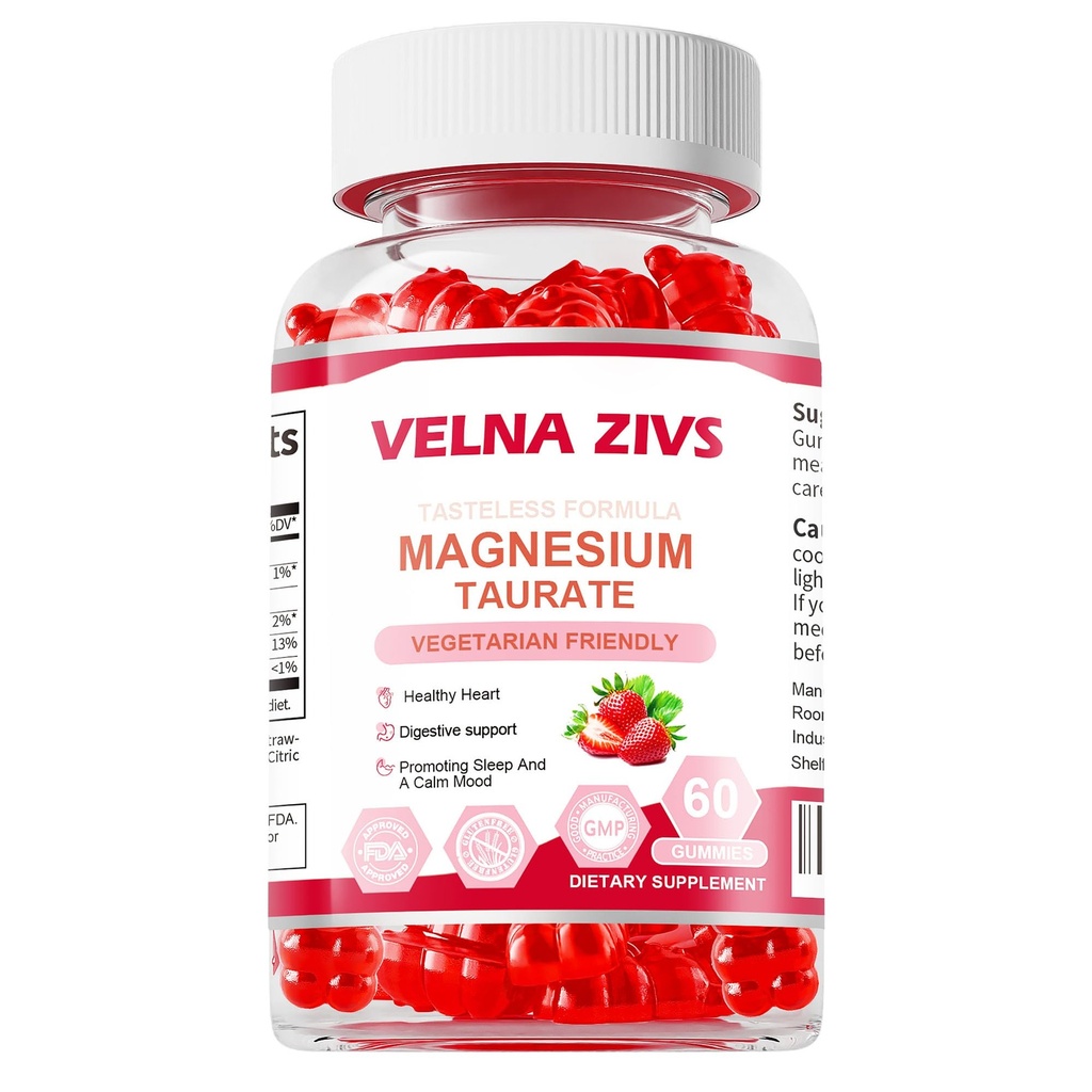Magnesium Taurate Gummies 1800mg, Magnesium Taurate Supplement, High Absorption & tuggbar för barn och vuxna, muskel- och hjärthälsostöd, Vegan, Gluten Free, 60 Counts