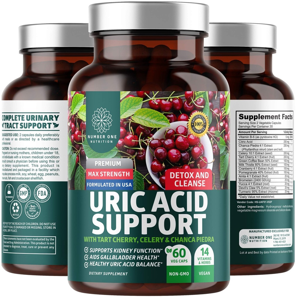 N1N Premium Uric Acid Support Supplement [14X Potent Yrtit] Kaikki luonnolliset munuaiset ja virtsahapon puhdistus Tart Cherry, Milk Thistle, Karpalo, Selleri, Chanca Piedra, 60 Veg Caps