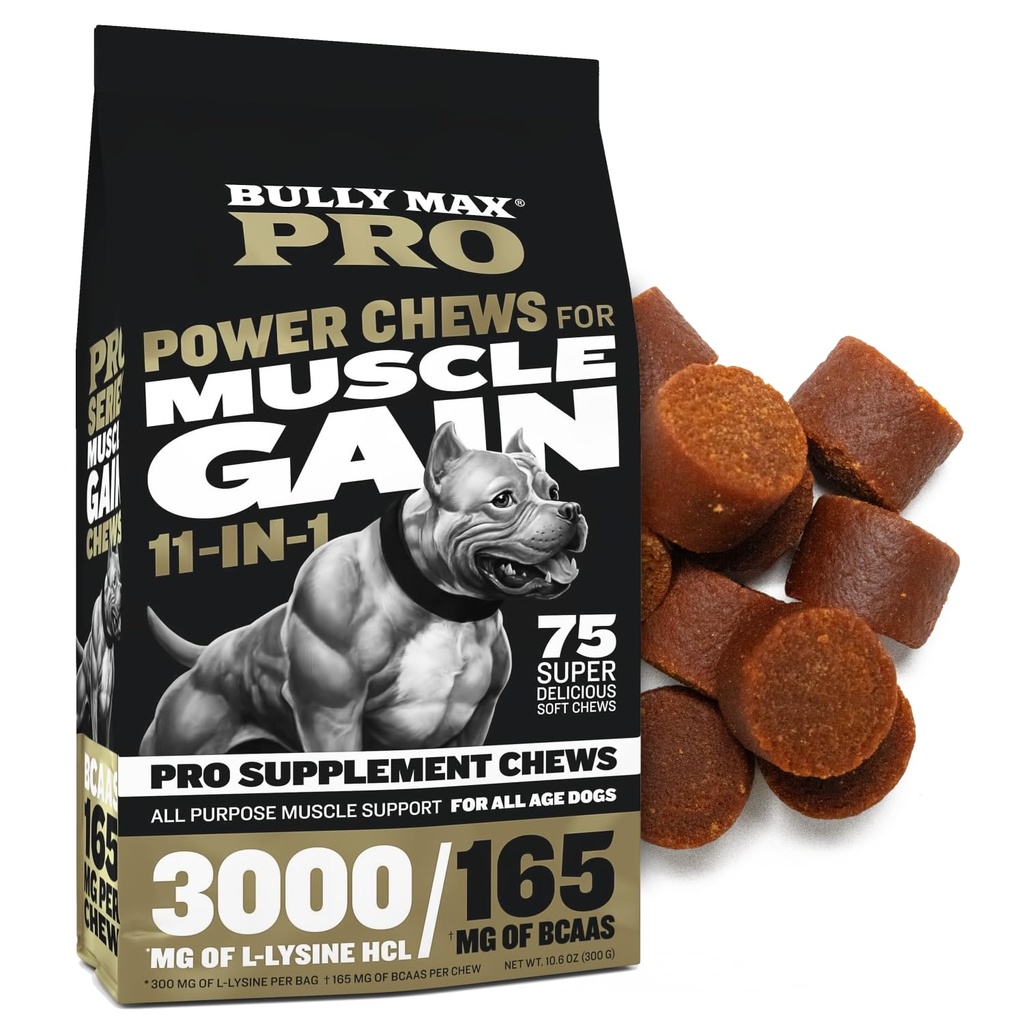 Bully Max 11-in-1 Muscle Gain Power Chews - Korkea proteiini koiran täydentää Aminohapot - Terveitä herkkuja koiranpentu & aikuiset koirat - Premium lihas rakentaja kaikille rodut - 75 Tasty Soft Dog Chews