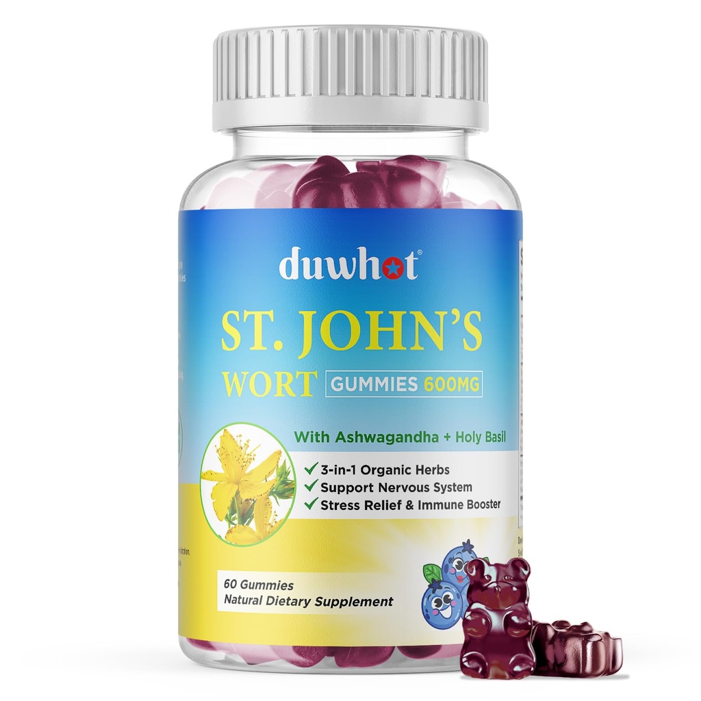 St John's Wort Gummies 600mg, 3 in 1 Organic Herbal Supplements for Stress Relief, Hermoston tuki, Ashwagandha & Holy Basil Extract aikuisille & lapsille, ei-GMO, Vegan, 60 tt.