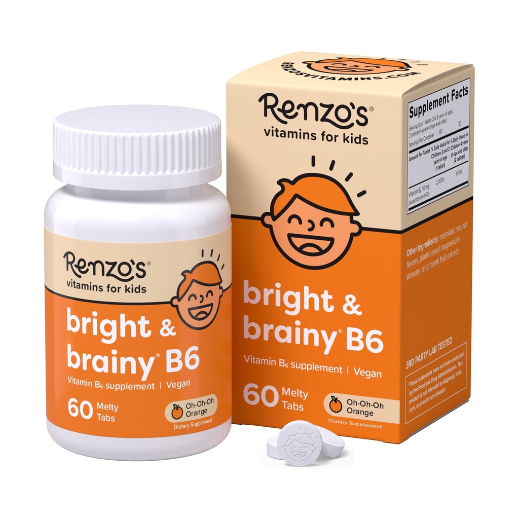 Renzon Bright & Brainy B6-vitamiinia, lasten B6-vitamiinia, 60 sokeritonta hyytelöä, Oh Oh Oh Oh Orange Flavored