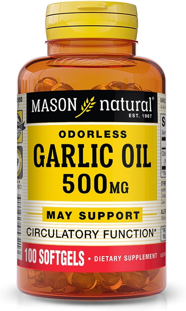 MASON NATURAL Valkosipuliöljy 500 mg Odorless Allium Sativum täydentää - tukee tervettä verenkiertoa toiminto, 100 Softgels