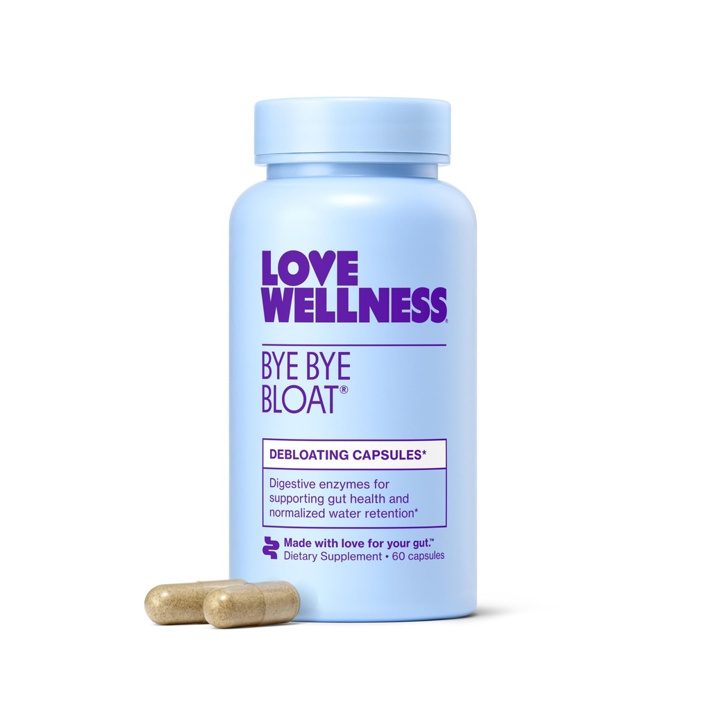 Love Wellness Bye Bye Bloat | Digestive Enzymes for Fast Acting Bloating Relief for Women | Hjälper till att minska vattenretention och gashjälp | Stöder Digestive Health med Fenugreek & Dandelion | 60 greve