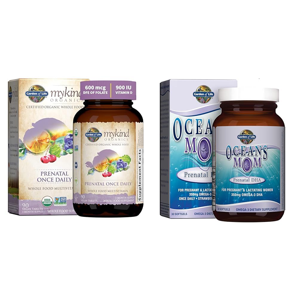 Garden of Life Organics Prenatal Vitamin: Folate for Energy & Healthy Fetal & Oceans Mom Prenatal Fish Oil DHA, Omega 3 Fish Oil Supplement - Strawberry