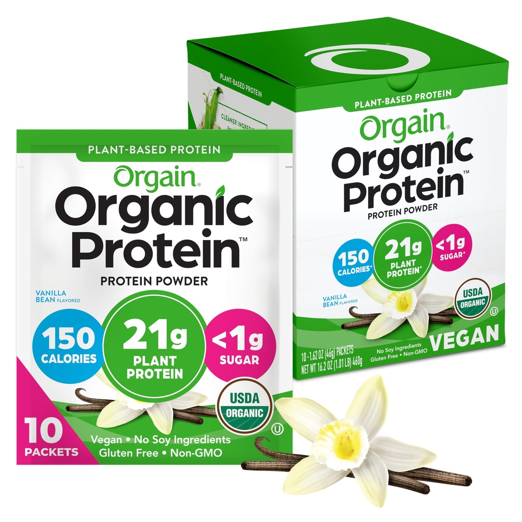 Orgain Organic Vegan Protein Powder, Vanilla Bean - 21g Kasviproteiini, 5g Prebioottikuitua, Low Carb, Ei laktoosia Ainesosat, Ei lisättyä sokeria, ei GMO:a, Shakes & Smoothies, 10 Matkapakkaukset