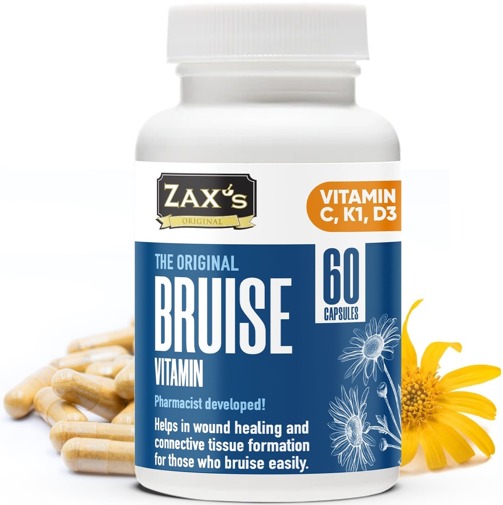 ZAX's Bruise Vitamiini Pharmacist Kehitetty mustelmia lisäravinteet Potent Bruising Turvotuksen aiheuttaja, Sinkki, K-vitamiini, D3, Askorbiinihappo, Citrus Bioflavonoidit, 60 Caps, Combine Arnica Bruise Cream
