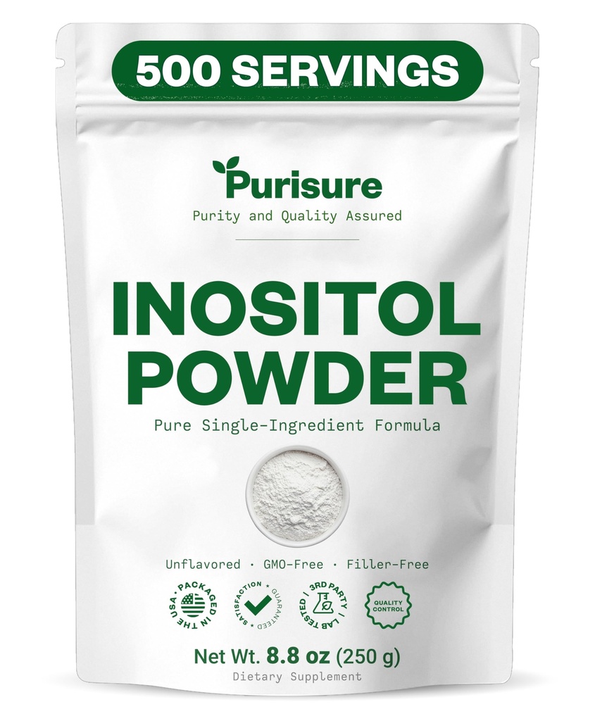Purisure Myo-Inositol Powder, 250g, hedelmällisyys, hormonitasapaino ja munasarjatuki, puhdas Inositol Powder, Myo Inositol täydentää tukea energia ja aivojen hyvinvointi, Vegan, ei-GMO, 500 tarjoilua