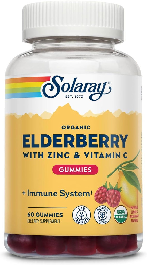 SOLARAY Organic Elderberry Gummies w / Zinc & Vitamin C | Hälsosam immunsystemsupport | Gluten Free | 30 Serv, 60 Ct