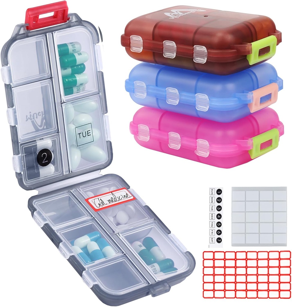 4PS Travel Pill Organizer med 164 Slice Labels, 10 Compartments Travel Pill Box Portable Folding Small Pill Case Daily Pill Container Används för Carry Storage Medicine Organizer av MUchengbao