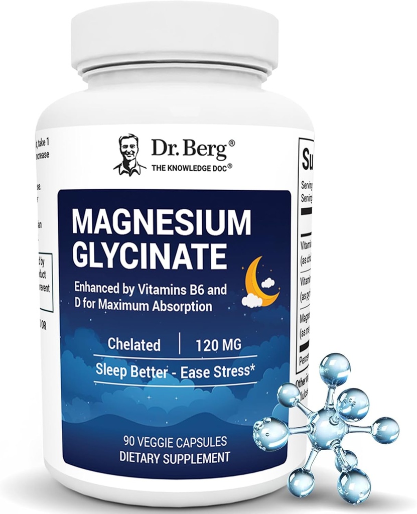 Dr Berg Magnesium Glycinate med vitamin D & B6 för stressavlastning, lugn, avkoppling och bra sömn * - 120 mg Magnesium Bisglycinate Capsules - High Absorption Chelated Glycinate - 90 Cap