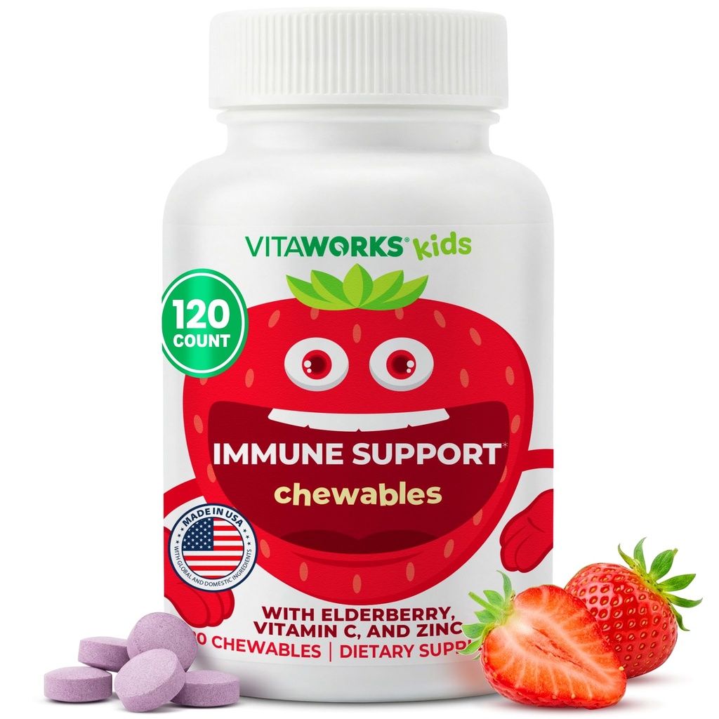 Barn Elderberry med Zink och vitamin C - Immune Support Supplement Chewable Tablets - Tasty Natural Mixed Berry Flavor - Vegan, Vegetarian, Gluten Free, Non-GMO, för barn, 120 Chewables