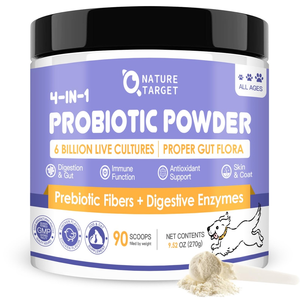 NATure TARGET Probiootit koirille - Dog Probiootit, Plus Prebiootti, Ruoansulatuskanavan entsyymit, kuitu, Tuki Gut, Immuunit, 6 miljardia PMY Dog Probiootti jauhe, Relieve ripuli, löysä uloste, 90 Scoops